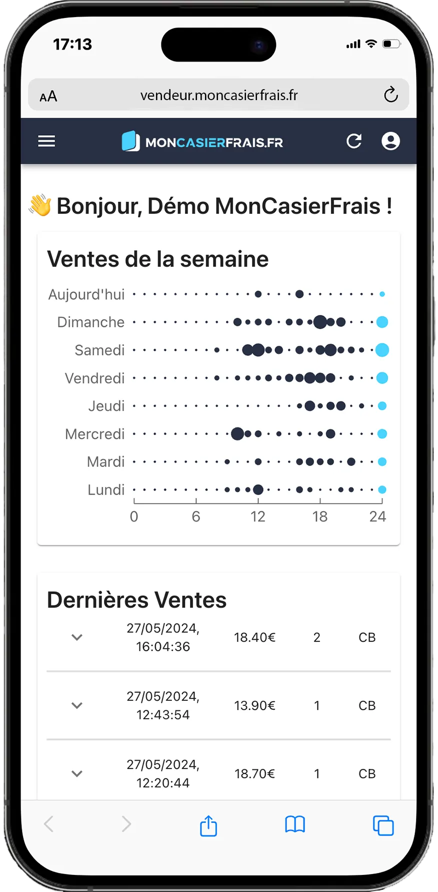 Aplicación de vendedor MonCasierFrais.fr en un smartphone