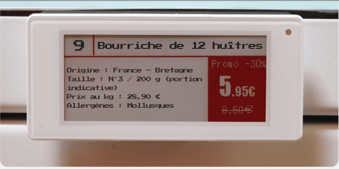 Étiquette électronique MonCasierFrais.fr d'une bourriche d'huîtres